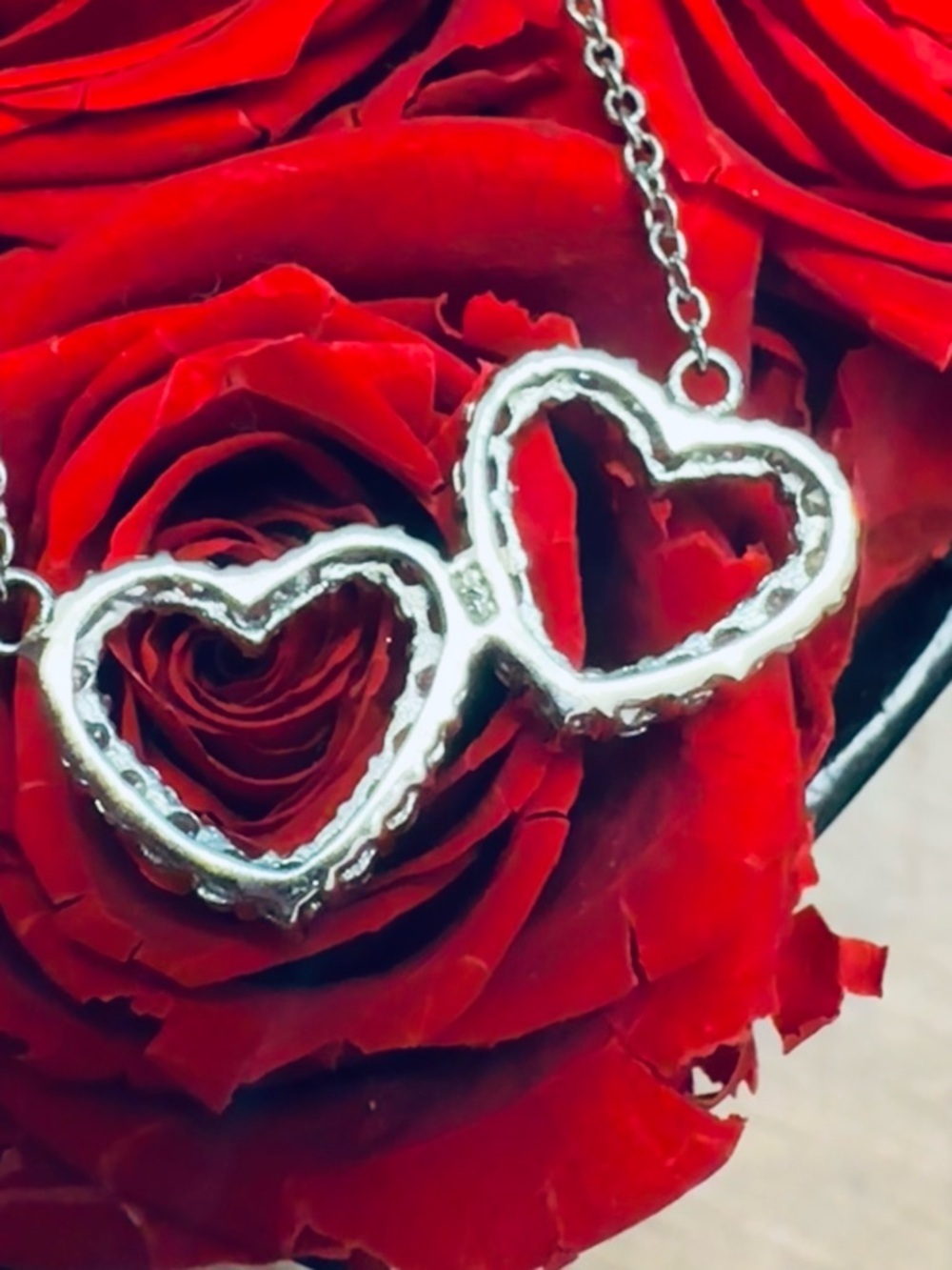 925 Sterling Silver Double Heart CZ Necklace - Picture 7 of 7